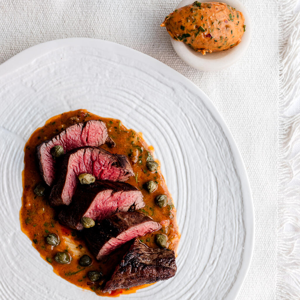 cooked steak with chilli butter