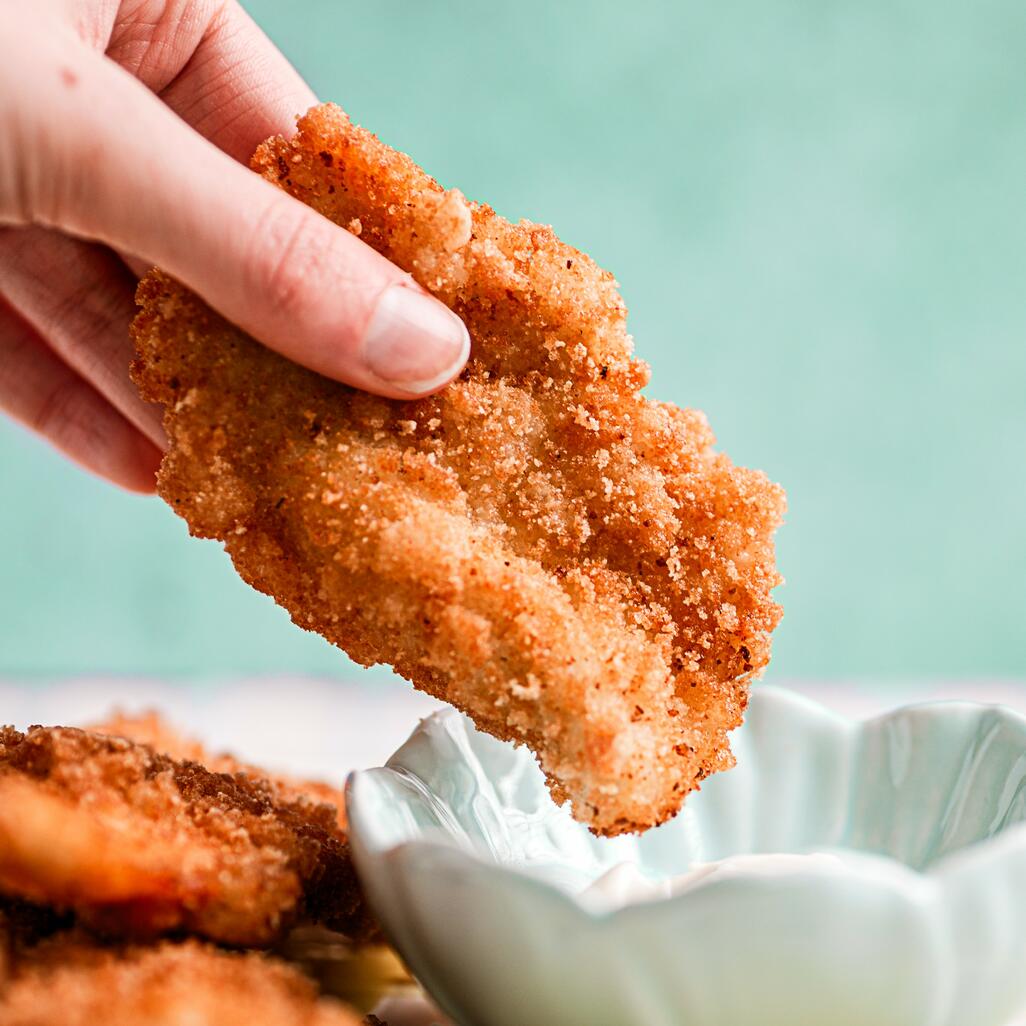 crumbled chicken goujons cooked