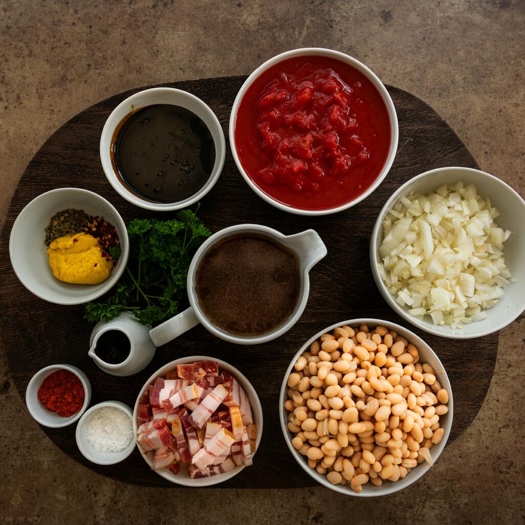 homemade beans with pancetta on a platter