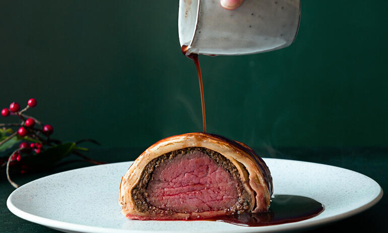 beef wellington served with drip