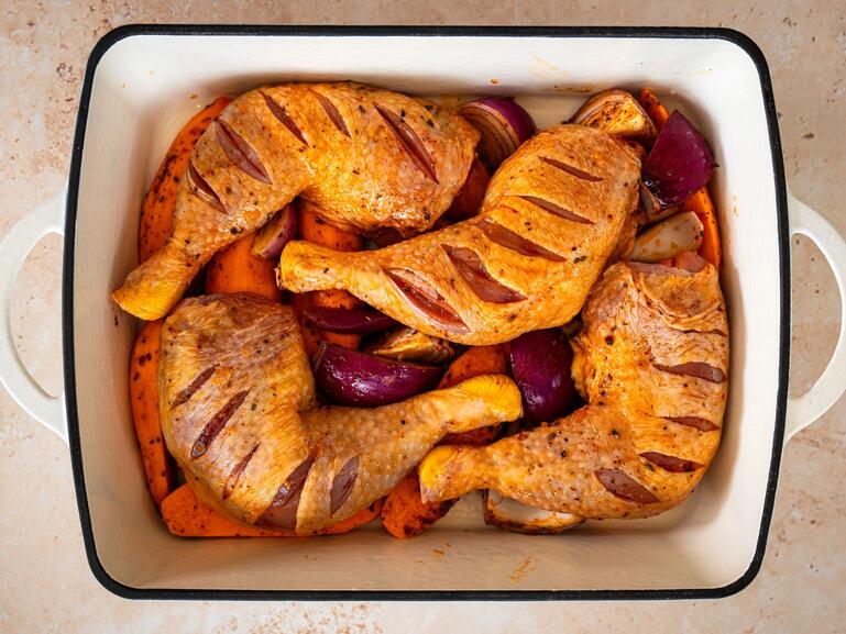 Photograph of How to cook tray bake chicken with sweet potatoes & hot honey