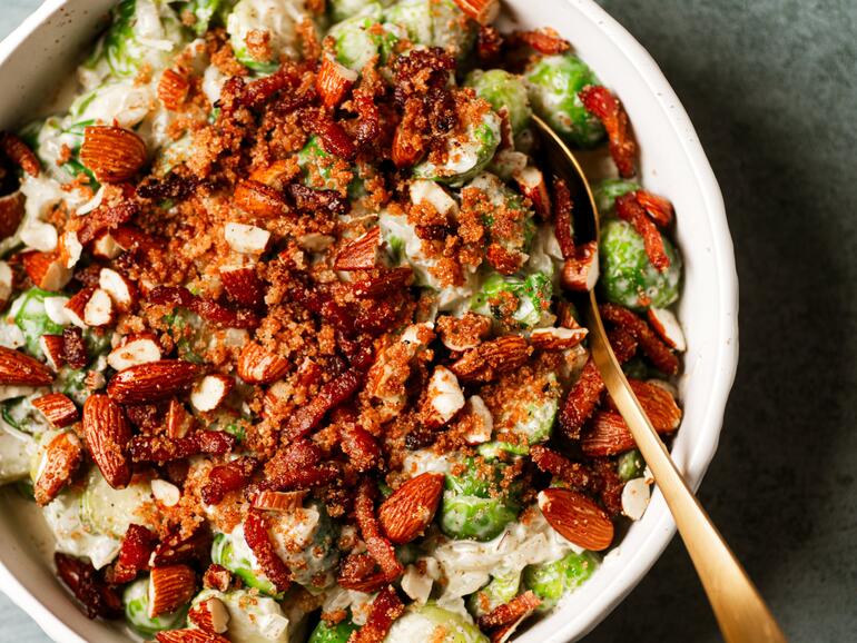 Photograph of How To Cook Creamed Sprouts With Almond & Pancetta Crumb