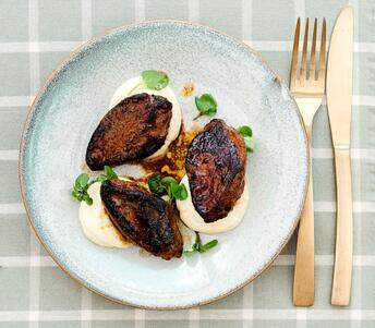 cooked pigeon breasts with Korean chili & cauliflower