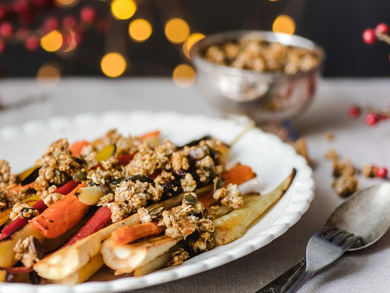 cooked roast carrots and parsnips with curried granola