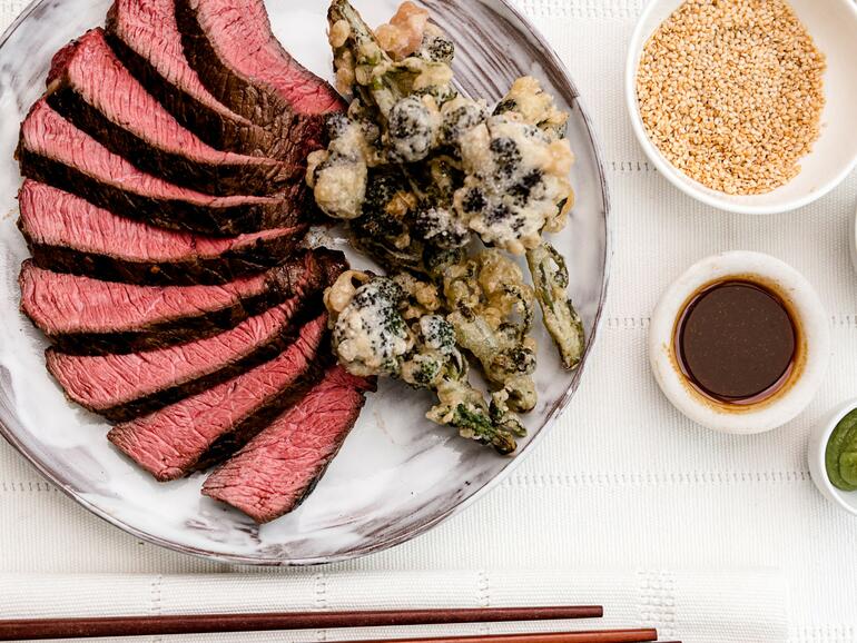 cooked rump steak, broccoli tempura & soy