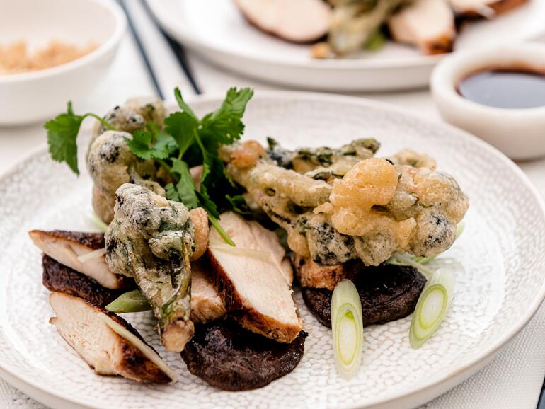 cooked miso chicken breast, broccoli tempura & soy