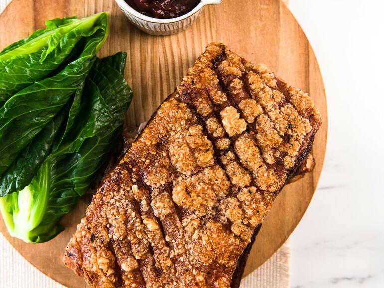  cooked five-spice pork belly with forced rhubarb