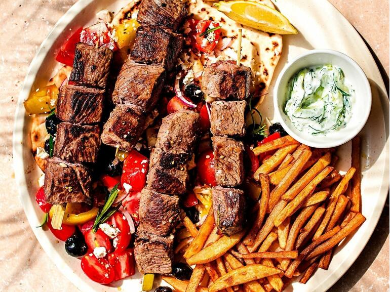 cooked greek style lamb souvlaki