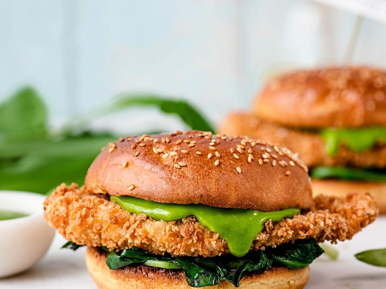 cooked chicken schnitzel sandwich with wild garlic mayo