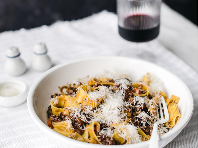 cooked wild venison ragu with pappardelle