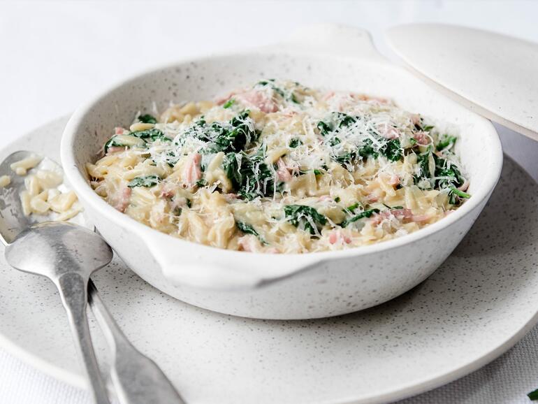 cooked ham and spinach orzo 'risotto'