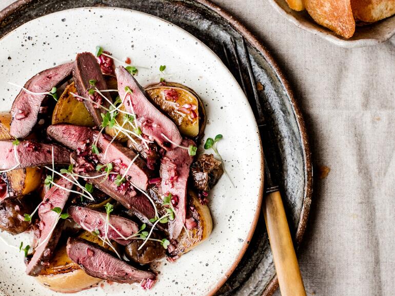 wood pigeon with golden beets, chestnut and cranberry balsamic cooked