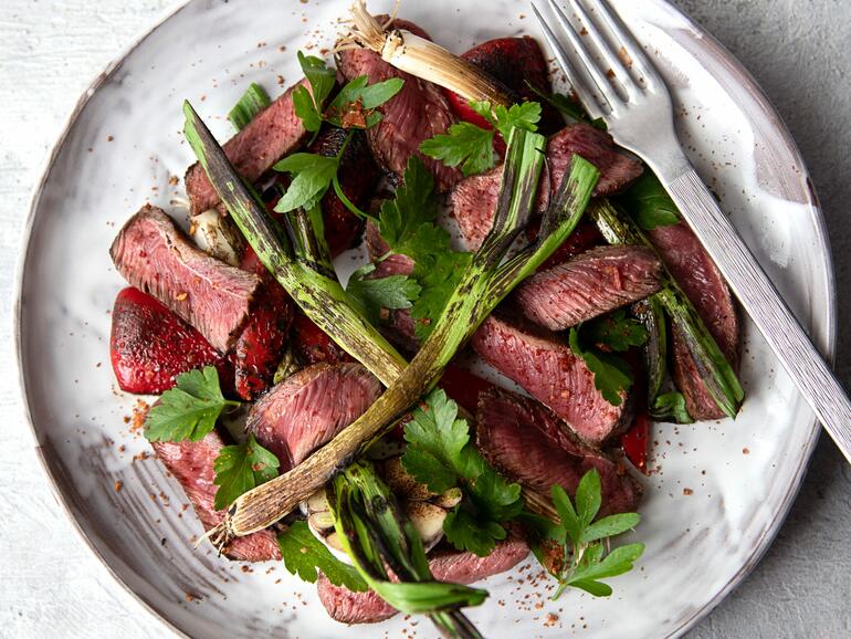 Photograph of How To Cook BBQ Spice Rubbed Flat Iron Steak with Charred Vegetables