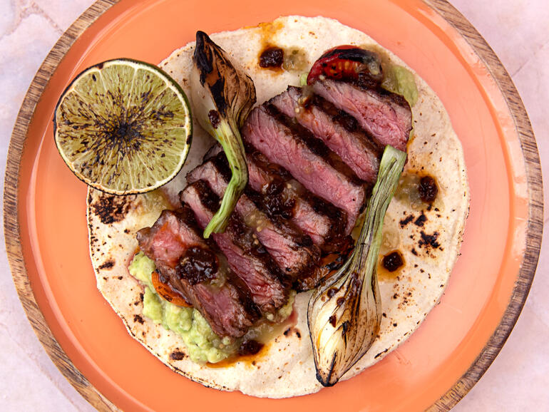 chipotle rubbed sirloin steak tacos cooked