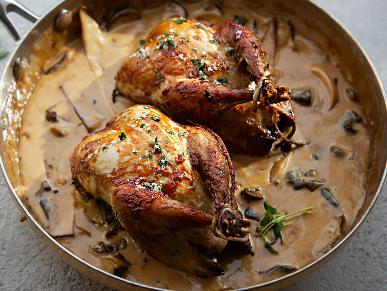 roast partridge & wild mushroom sauce cooked