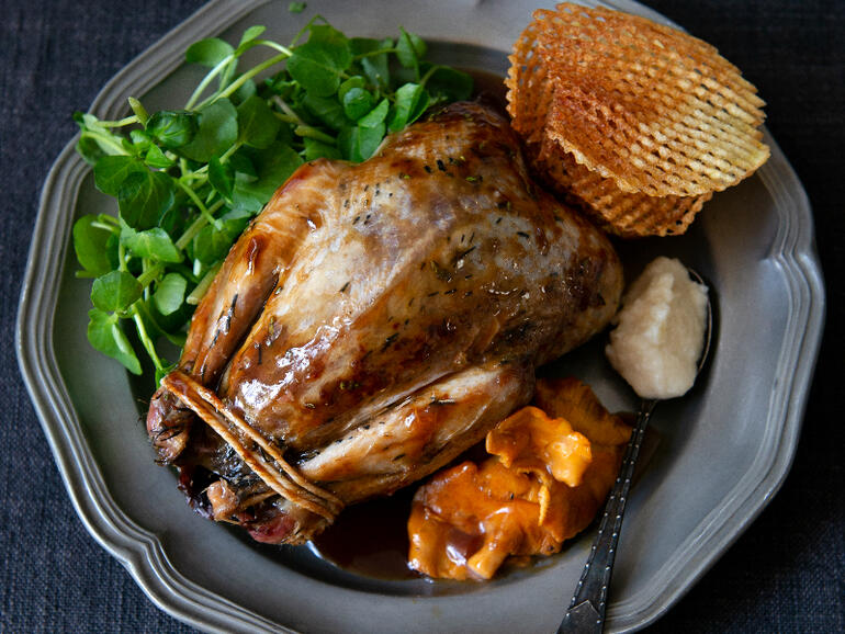 roast grouse with wild mushrooms & watercress cooked