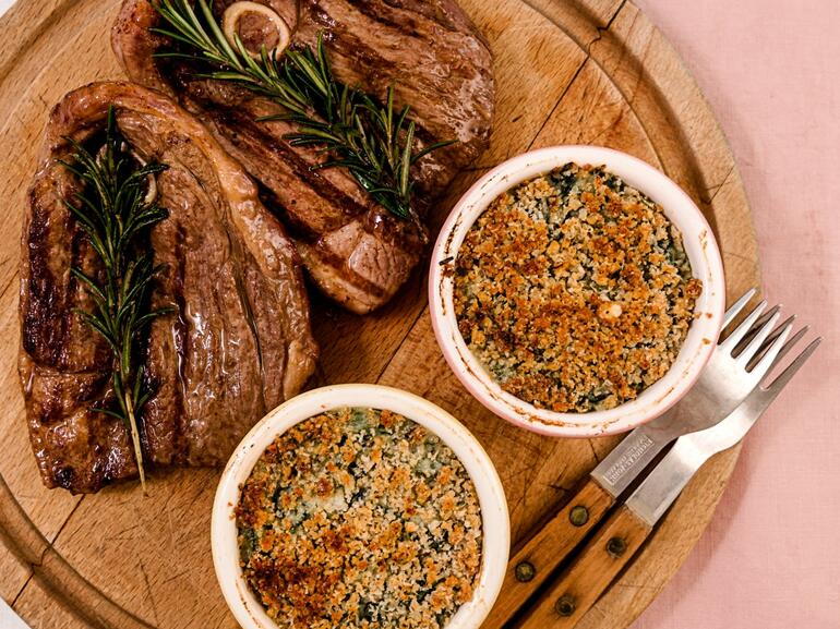 grilled lamb gigot steaks with spinach gratin