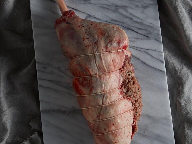 hogget carved leg with herbs and mushrooms prepared