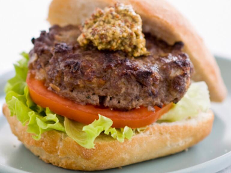 beef burgers with wholegrain mustard cooked