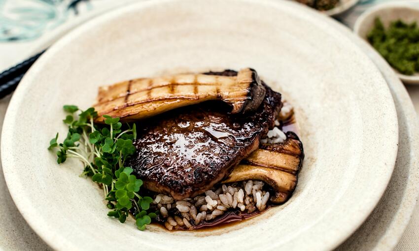 cooked wagyu beef fillet yakiniku , mushrooms & ‘tare’ with mustard cress