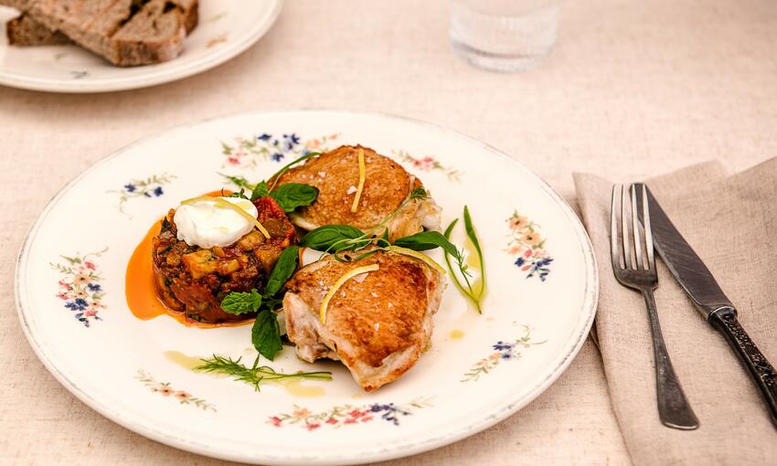 cooked spiced aubergine with lemon scented chicken