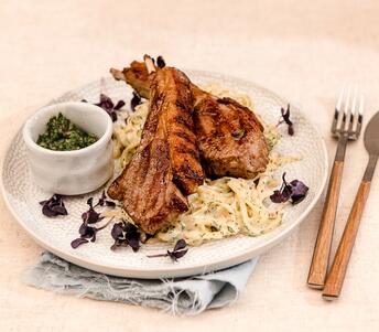 cooked celeriac remoulade with charred lamb cutlets