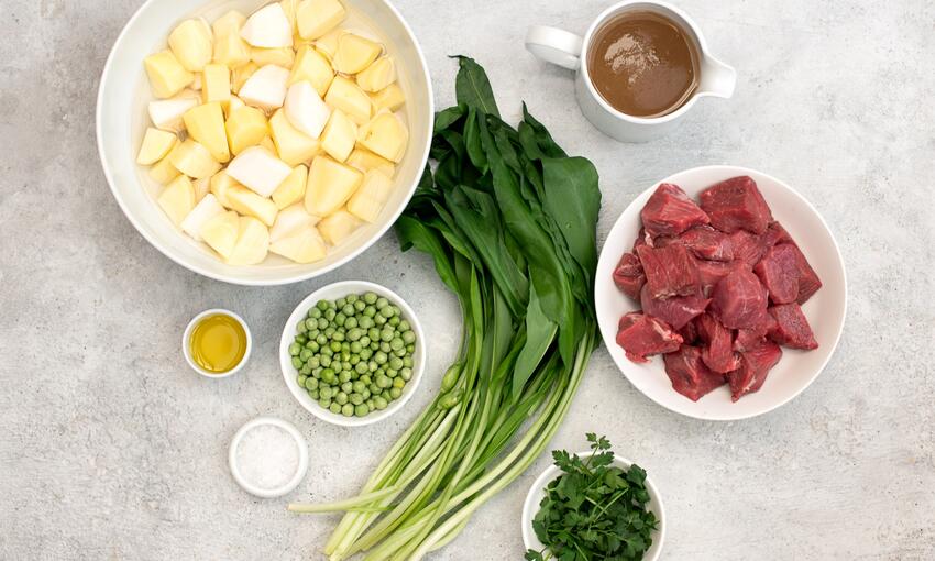 lamb spring broth, garlic, new season potatoes & garden peas recipe ingredients