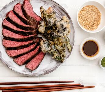 cooked rump steak, broccoli tempura & soy