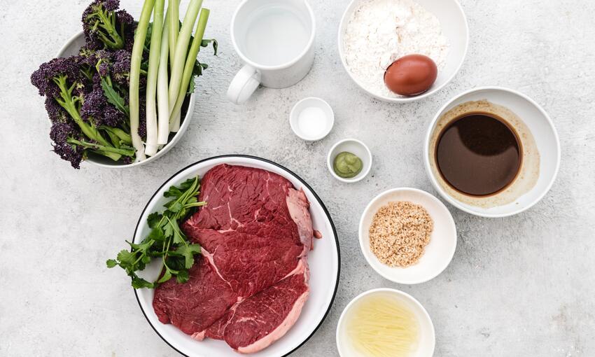 grilled rump steak, broccoli tempura & soy recipe ingredients