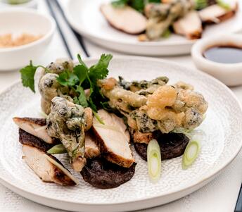 cooked miso chicken breast, broccoli tempura & soy