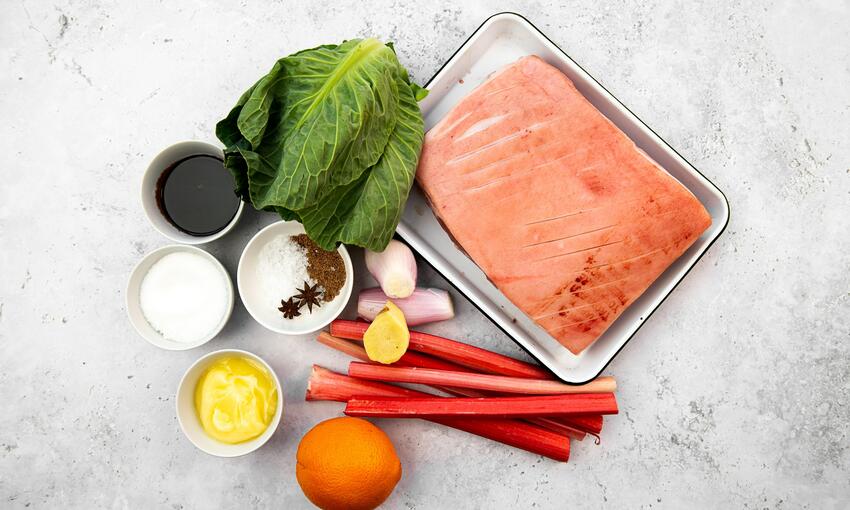  five-spice pork belly with forced rhubarb recipe ingredients