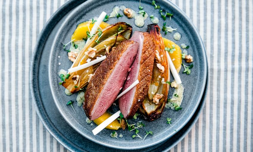 roasted duck steak with chicory & walnut vinaigrette