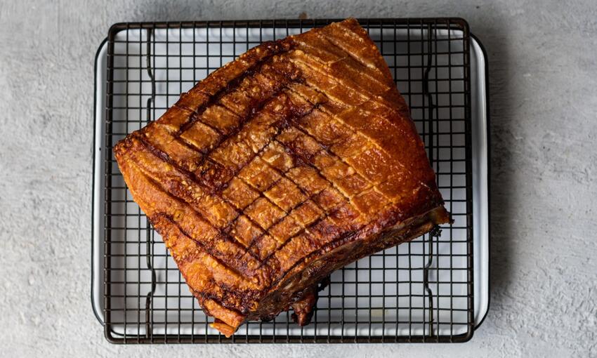 roast pork belly on resting tray