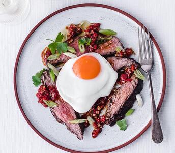 cooked steak and eggs with red pepper salsa