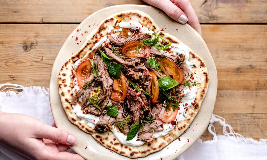 cooked lamb flatbreads with dill yoghurt