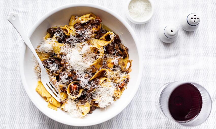 cooked wild venison ragu with pappardelle