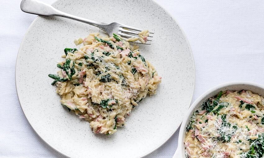 cooked ham and spinach orzo 'risotto'