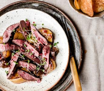 wood pigeon with golden beets, chestnut and cranberry balsamic cooked