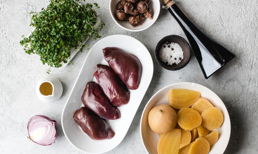 wood pigeon with golden beets, chestnut and cranberry balsamic ingredients