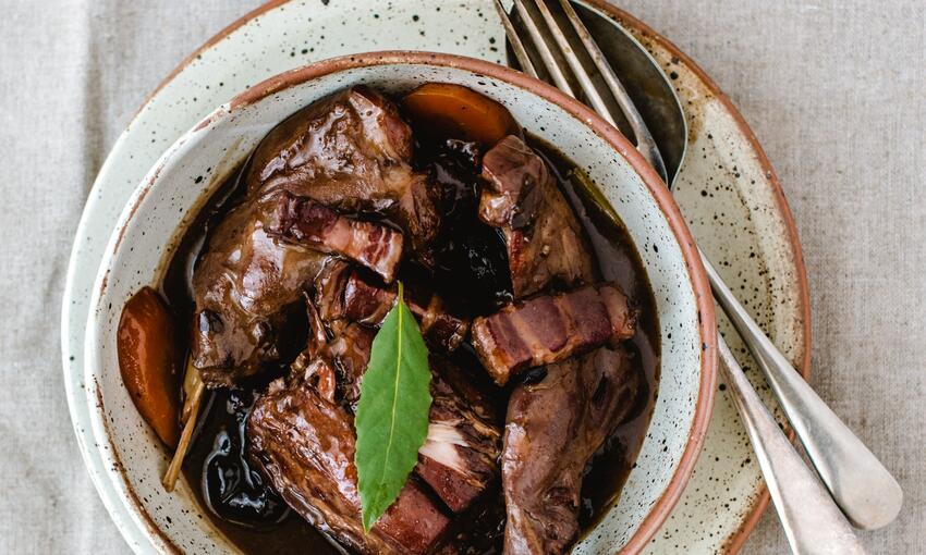 rabbit, red wine and prune casserole cooked