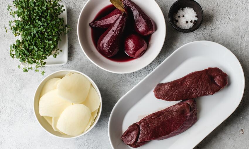 wild venison haunch steak with poached pears in red wine recipe ingredients