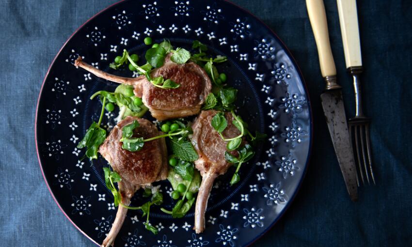 lamb cutlets with peas and mint cooked 