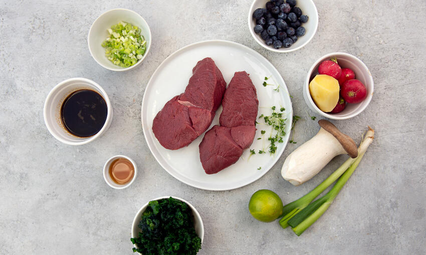 wild venison 'tataki' with blueberries, radish & ginger recipe ingredients