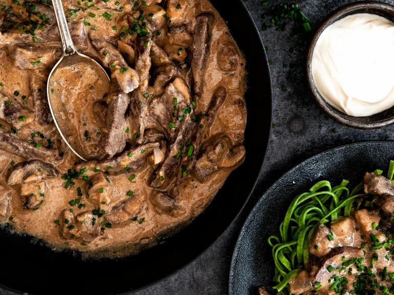 cooked beef steak strips stroganoff