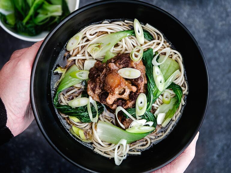 cooked japanese style oxtail noodle broth