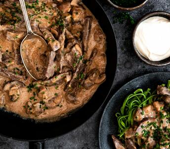 cooked beef steak strips stroganoff