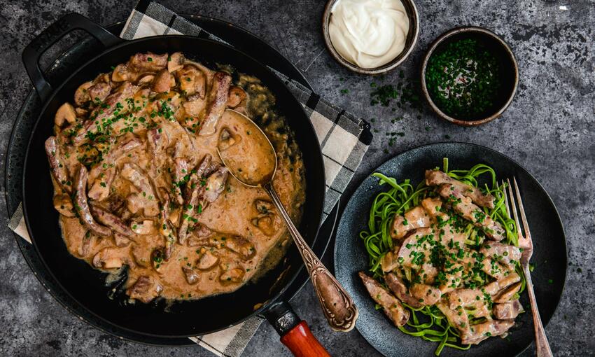 cooked beef steak strips stroganoff