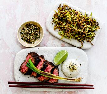 cooked blackened bavette steak with chinese ‘seaweed’