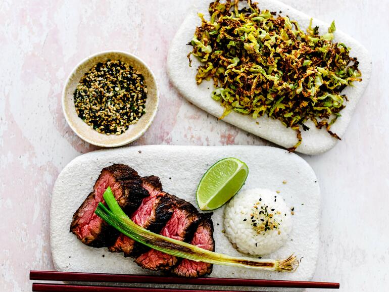 cooked blackened bavette steak with chinese ‘seaweed’