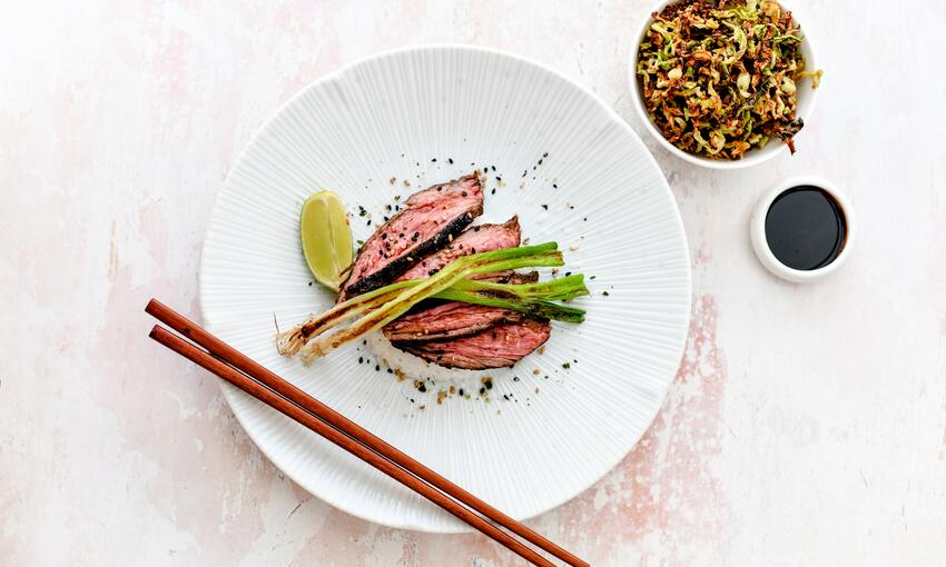 cooked blackened bavette steak with chinese ‘seaweed’